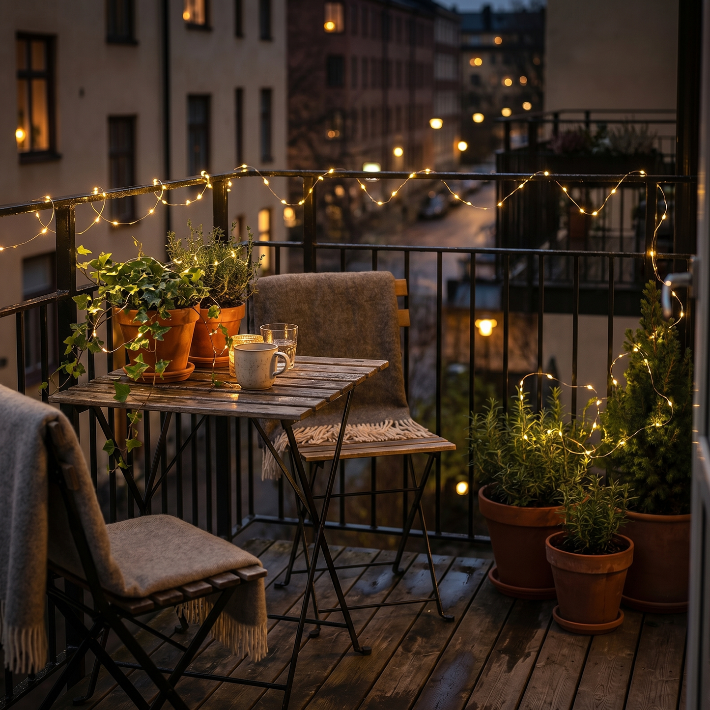 Terrace lit with warm solar firefly lights