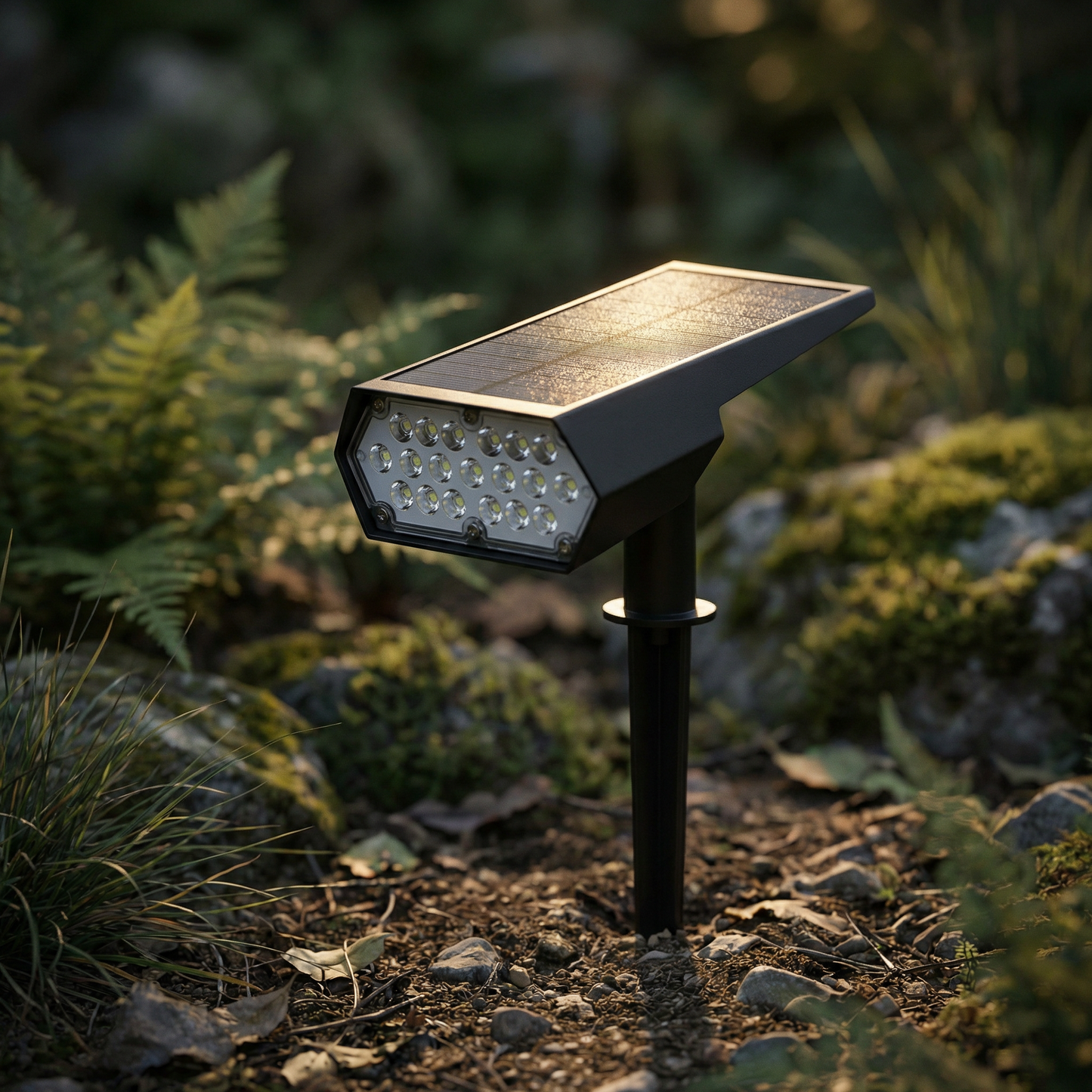 Terra solar spotlight lighting a tree at night