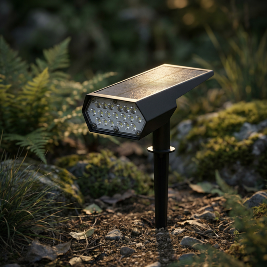 Terra solar spotlight lighting a tree at night