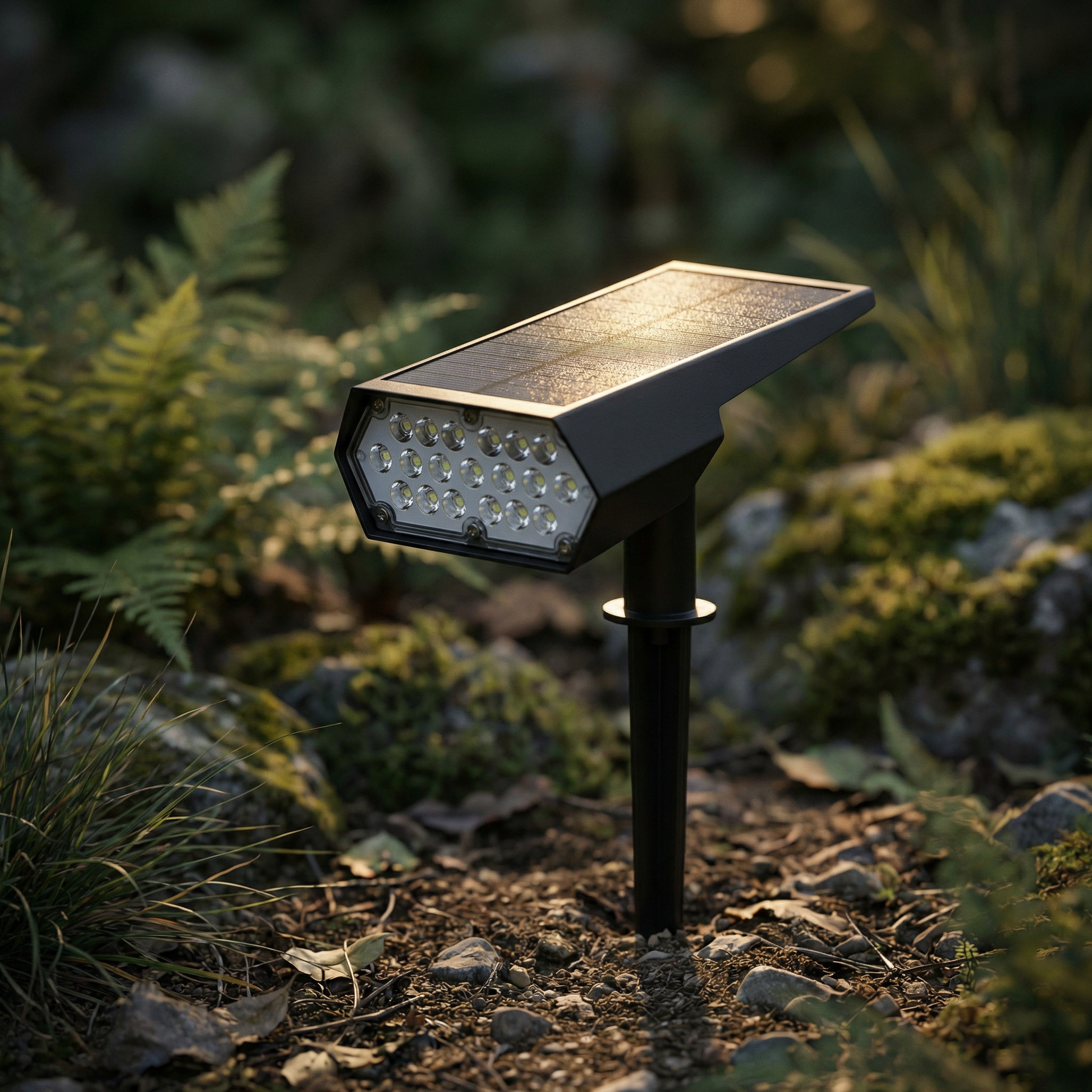 Terra solar spotlight lighting a tree at night