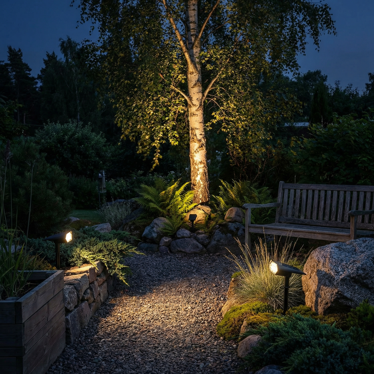 Warm uplight on garden plants