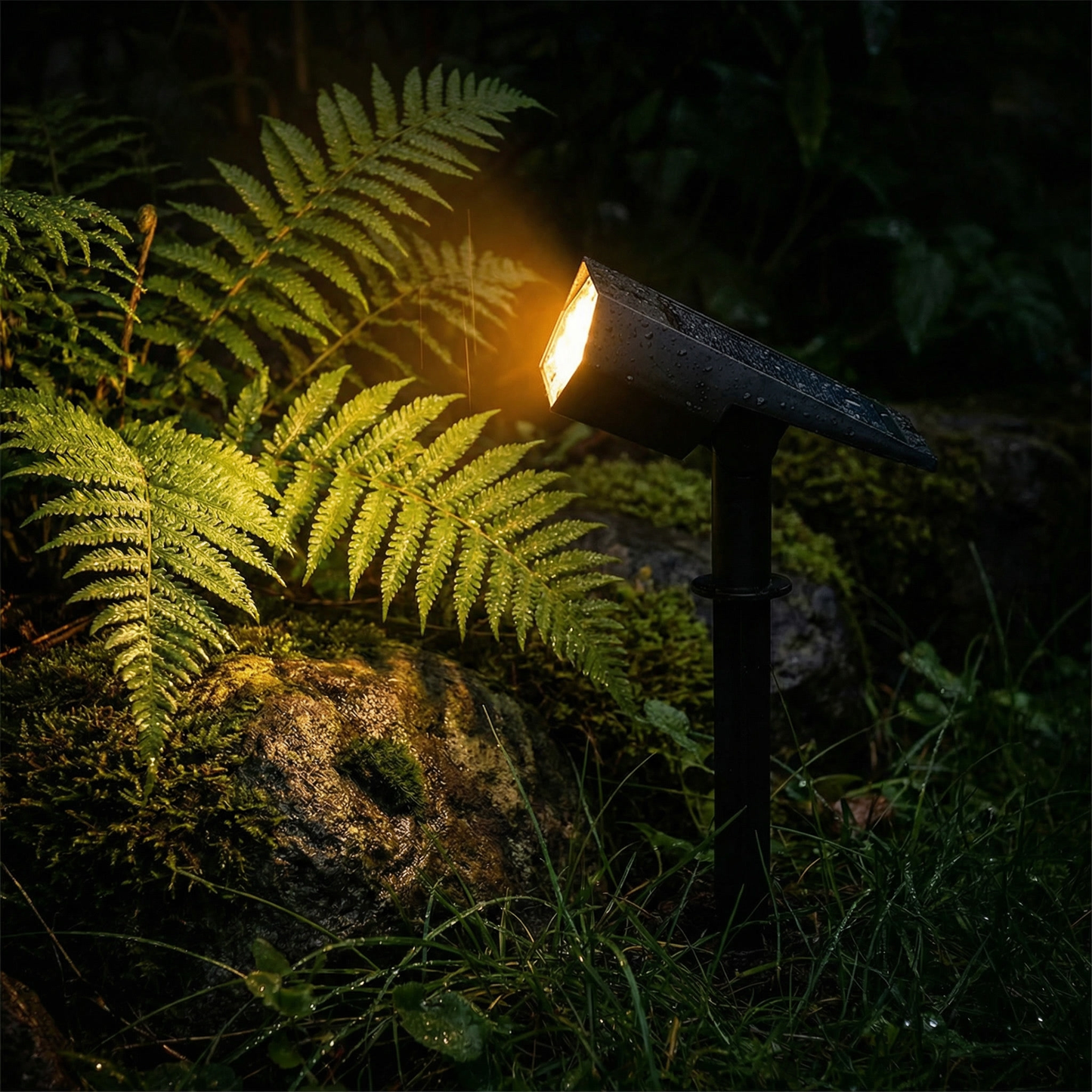 Solar spotlight in flower bed at dusk