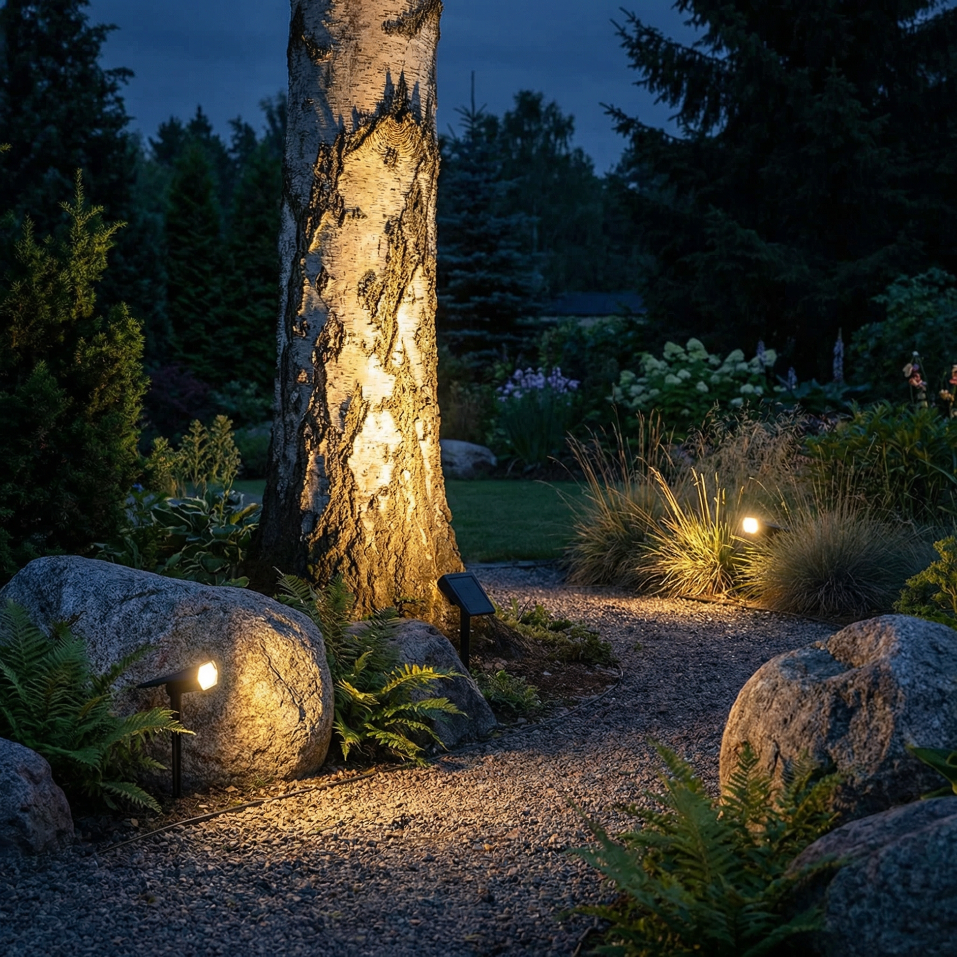 Garden path lit by Terra solar spotlights