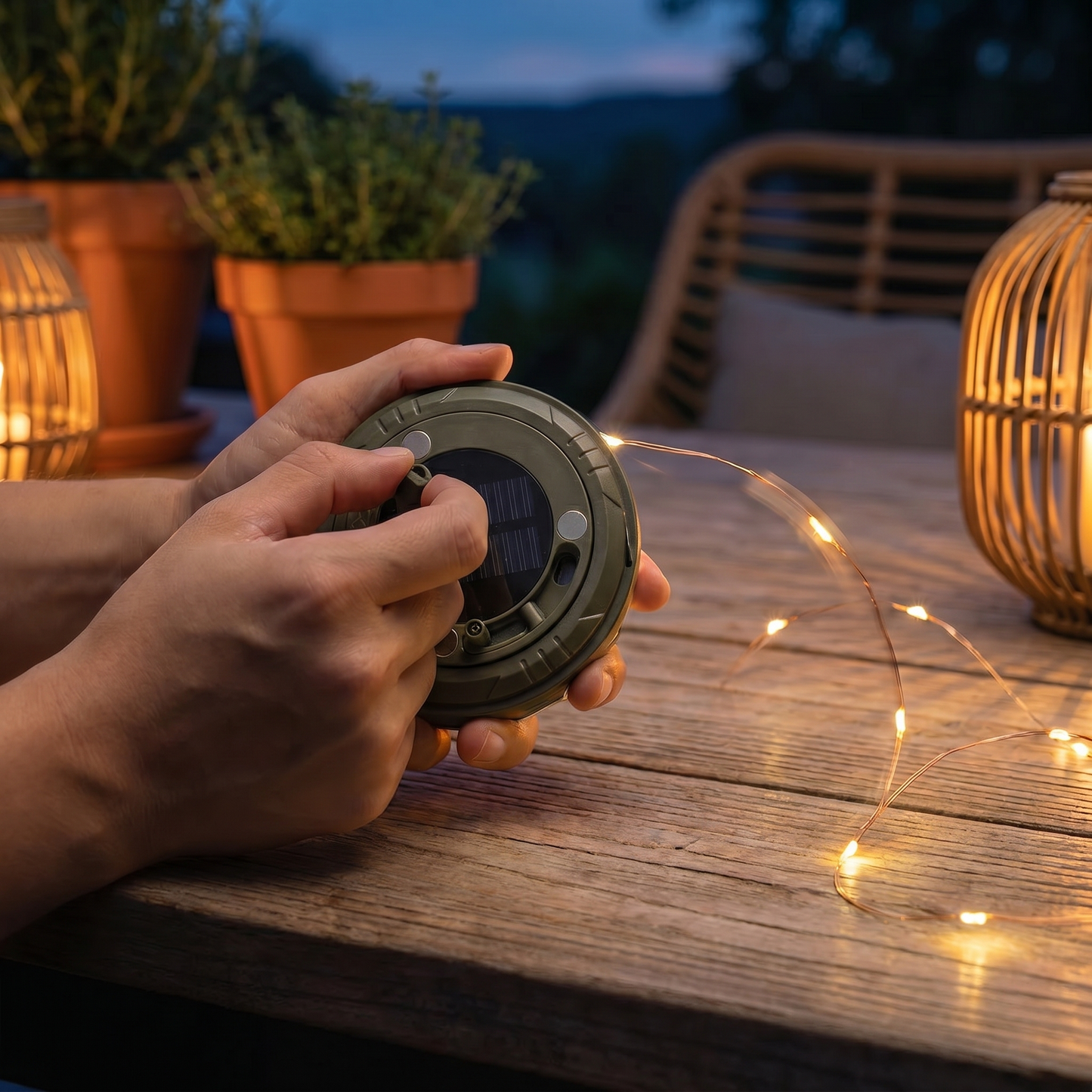 Firefly solar lights along a flower bed at night